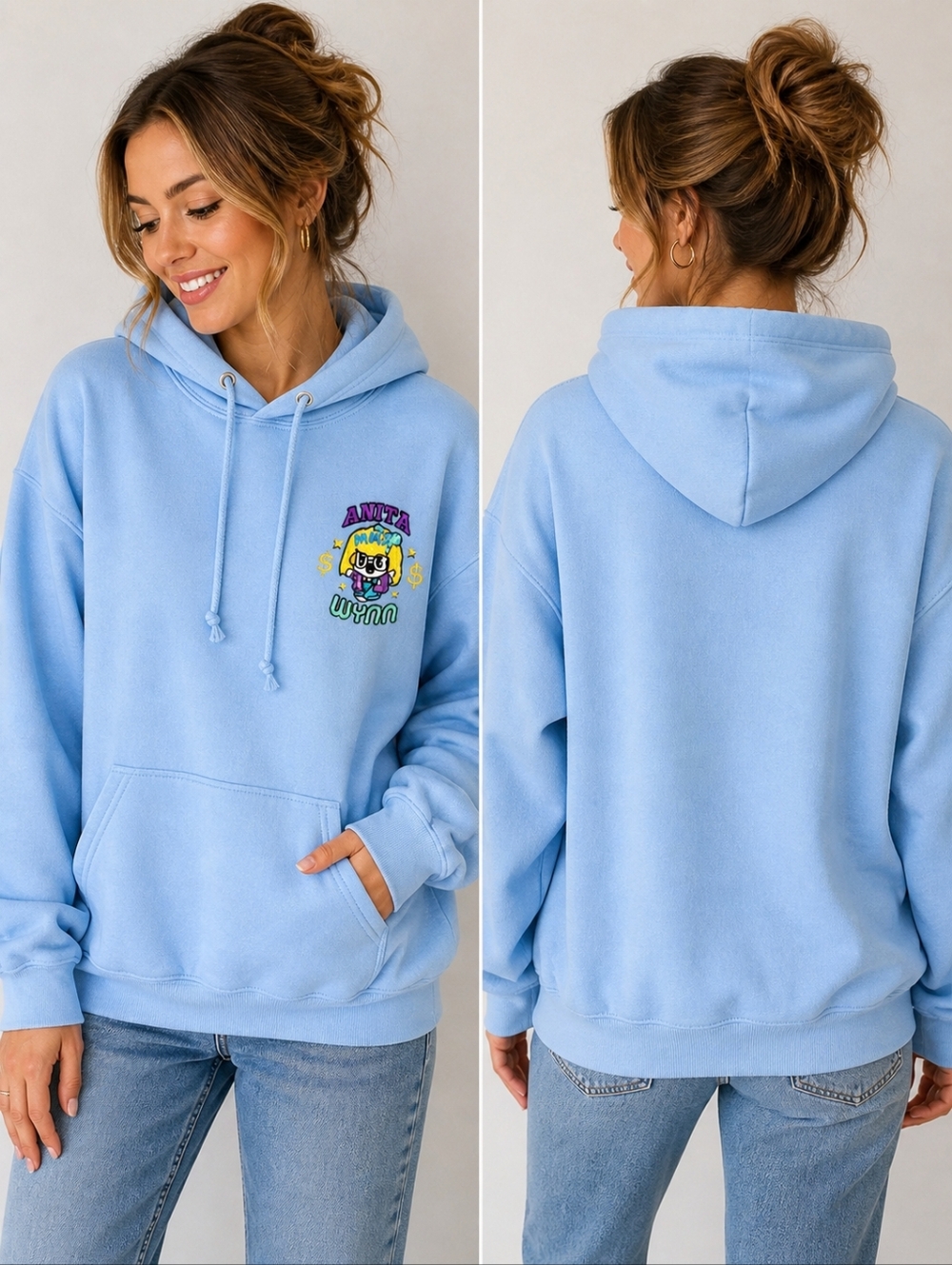 Anita Max Wynn Graphic Hoodie Light Blue Embroidered Cartoon Pullover Size L